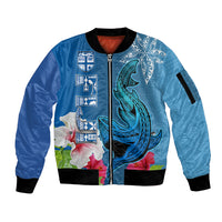 Polynesian Fiji Sleeve Zip Bomber Jacket Shark and Hibiscus Tapa Pattern Blue Version LT03 Unisex Blue - Polynesian Pride
