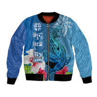 Custom Polynesian Fiji Bomber Jacket Shark and Hibiscus Tapa Pattern Blue Version LT03 Unisex Blue - Polynesian Pride
