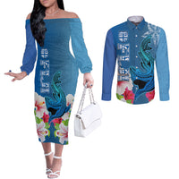 Custom Polynesian Fiji Couples Matching Off The Shoulder Long Sleeve Dress and Long Sleeve Button Shirts Shark and Hibiscus Tapa Pattern Blue Version LT03 Blue - Polynesian Pride