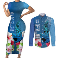 Custom Polynesian Fiji Couples Matching Short Sleeve Bodycon Dress and Long Sleeve Button Shirts Shark and Hibiscus Tapa Pattern Blue Version LT03 Blue - Polynesian Pride