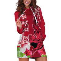 Polynesian Fiji Hoodie Dress Shark and Hibiscus Tapa Pattern Red Version LT03 Red - Polynesian Pride