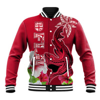 Custom Polynesian Fiji Baseball Jacket Shark and Hibiscus Tapa Pattern Red Version LT03 Unisex Red - Polynesian Pride