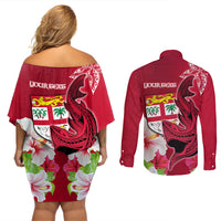 Custom Polynesian Fiji Couples Matching Off Shoulder Short Dress and Long Sleeve Button Shirts Shark and Hibiscus Tapa Pattern Red Version LT03 - Polynesian Pride