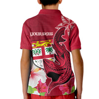 Custom Polynesian Fiji Kid Polo Shirt Shark and Hibiscus Tapa Pattern Red Version LT03 - Polynesian Pride