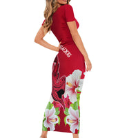 Custom Polynesian Fiji Short Sleeve Bodycon Dress Shark and Hibiscus Tapa Pattern Red Version LT03 - Polynesian Pride