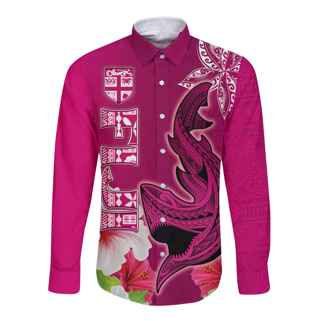 Polynesian Fiji Long Sleeve Button Shirt Shark and Hibiscus Tapa Pattern Purple Version LT03 Unisex Pink - Polynesian Pride