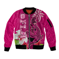 Custom Polynesian Fiji Sleeve Zip Bomber Jacket Shark and Hibiscus Tapa Pattern Purple Version LT03 Unisex Pink - Polynesian Pride