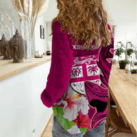 Custom Polynesian Fiji Women Casual Shirt Shark and Hibiscus Tapa Pattern Purple Version LT03 - Polynesian Pride