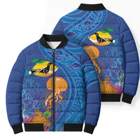 Hawaiian Funny Fruits Sea Animals Bomber Puffer Jacket Mango Reef Triggerfish and Pineapple Turtle and Mandarin Jellyfish
