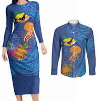 Hawaiian Funny Fruits Sea Animals Couples Matching Long Sleeve Bodycon Dress and Long Sleeve Button Shirt Mango Reef Triggerfish and Pineapple Turtle and Mandarin Jellyfish