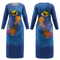 Hawaiian Funny Fruits Sea Animals Couples Matching Long Sleeve Bodycon Dress and Long Sleeve Button Shirt Mango Reef Triggerfish and Pineapple Turtle and Mandarin Jellyfish