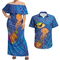 Hawaiian Funny Fruits Sea Animals Couples Matching Off Shoulder Maxi Dress and Hawaiian Shirt Mango Reef Triggerfish and Pineapple Turtle and Mandarin Jellyfish
