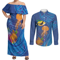 Hawaiian Funny Fruits Sea Animals Couples Matching Off Shoulder Maxi Dress and Long Sleeve Button Shirt Mango Reef Triggerfish and Pineapple Turtle and Mandarin Jellyfish