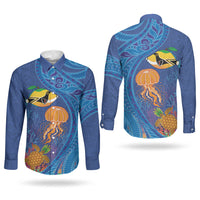 Hawaiian Funny Fruits Sea Animals Couples Matching Off Shoulder Maxi Dress and Long Sleeve Button Shirt Mango Reef Triggerfish and Pineapple Turtle and Mandarin Jellyfish
