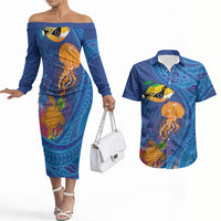 Hawaiian Funny Fruits Sea Animals Couples Matching Off The Shoulder Long Sleeve Dress and Hawaiian Shirt Mango Reef Triggerfish and Pineapple Turtle and Mandarin Jellyfish