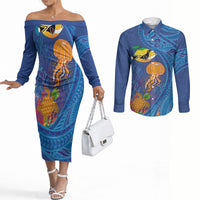 Hawaiian Funny Fruits Sea Animals Couples Matching Off The Shoulder Long Sleeve Dress and Long Sleeve Button Shirt Mango Reef Triggerfish and Pineapple Turtle and Mandarin Jellyfish