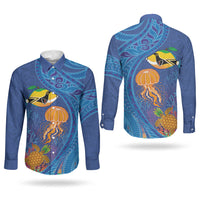 Hawaiian Funny Fruits Sea Animals Couples Matching Off The Shoulder Long Sleeve Dress and Long Sleeve Button Shirt Mango Reef Triggerfish and Pineapple Turtle and Mandarin Jellyfish