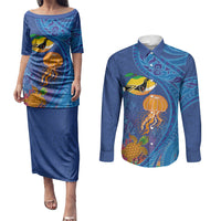 Hawaiian Funny Fruits Sea Animals Couples Matching Puletasi and Long Sleeve Button Shirt Mango Reef Triggerfish and Pineapple Turtle and Mandarin Jellyfish