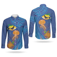 Hawaiian Funny Fruits Sea Animals Couples Matching Short Sleeve Bodycon Dress and Long Sleeve Button Shirt Mango Reef Triggerfish and Pineapple Turtle and Mandarin Jellyfish