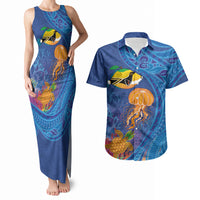 Hawaiian Funny Fruits Sea Animals Couples Matching Tank Maxi Dress and Hawaiian Shirt Mango Reef Triggerfish and Pineapple Turtle and Mandarin Jellyfish