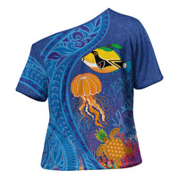 Hawaiian Funny Fruits Sea Animals Cross Shoulder Shirt Mango Reef Triggerfish and Pineapple Turtle and Mandarin Jellyfish