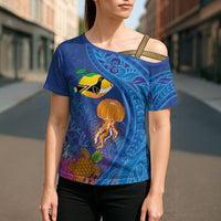 Hawaiian Funny Fruits Sea Animals Cross Shoulder Shirt Mango Reef Triggerfish and Pineapple Turtle and Mandarin Jellyfish