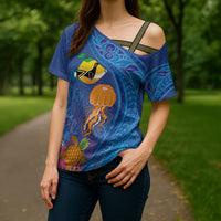 Hawaiian Funny Fruits Sea Animals Cross Shoulder Shirt Mango Reef Triggerfish and Pineapple Turtle and Mandarin Jellyfish