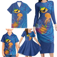 Hawaiian Funny Fruits Sea Animals Family Matching Long Sleeve Bodycon Dress and Hawaiian Shirt Mango Reef Triggerfish and Pineapple Turtle and Mandarin Jellyfish