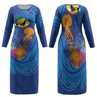 Hawaiian Funny Fruits Sea Animals Family Matching Long Sleeve Bodycon Dress and Hawaiian Shirt Mango Reef Triggerfish and Pineapple Turtle and Mandarin Jellyfish