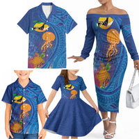 Hawaiian Funny Fruits Sea Animals Family Matching Off The Shoulder Long Sleeve Dress and Hawaiian Shirt Mango Reef Triggerfish and Pineapple Turtle and Mandarin Jellyfish