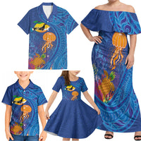 Hawaiian Funny Fruits Sea Animals Family Matching Off Shoulder Maxi Dress and Hawaiian Shirt Mango Reef Triggerfish and Pineapple Turtle and Mandarin Jellyfish