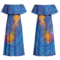 Hawaiian Funny Fruits Sea Animals Family Matching Off Shoulder Maxi Dress and Hawaiian Shirt Mango Reef Triggerfish and Pineapple Turtle and Mandarin Jellyfish