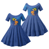 Hawaiian Funny Fruits Sea Animals Family Matching Off Shoulder Short Dress and Hawaiian Shirt Mango Reef Triggerfish and Pineapple Turtle and Mandarin Jellyfish