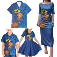 Hawaiian Funny Fruits Sea Animals Family Matching Puletasi and Hawaiian Shirt Mango Reef Triggerfish and Pineapple Turtle and Mandarin Jellyfish