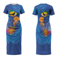 Hawaiian Funny Fruits Sea Animals Family Matching Short Sleeve Bodycon Dress and Hawaiian Shirt Mango Reef Triggerfish and Pineapple Turtle and Mandarin Jellyfish