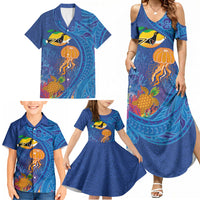 Hawaiian Funny Fruits Sea Animals Family Matching Summer Maxi Dress and Hawaiian Shirt Mango Reef Triggerfish and Pineapple Turtle and Mandarin Jellyfish