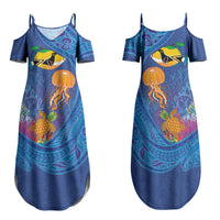 Hawaiian Funny Fruits Sea Animals Family Matching Summer Maxi Dress and Hawaiian Shirt Mango Reef Triggerfish and Pineapple Turtle and Mandarin Jellyfish