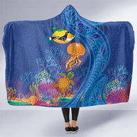 Hawaiian Funny Fruits Sea Animals Hooded Blanket Mango Reef Triggerfish and Pineapple Turtle and Mandarin Jellyfish