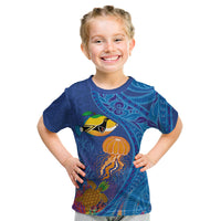 Hawaiian Funny Fruits Sea Animals Kid T Shirt Mango Reef Triggerfish and Pineapple Turtle and Mandarin Jellyfish