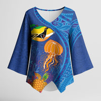 Hawaiian Funny Fruits Sea Animals Kimono Sleeve Blouse Mango Reef Triggerfish and Pineapple Turtle and Mandarin Jellyfish