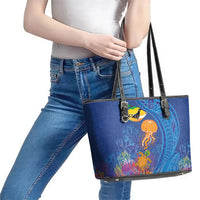 Hawaiian Funny Fruits Sea Animals Leather Tote Bag Mango Reef Triggerfish and Pineapple Turtle and Mandarin Jellyfish