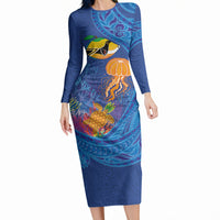 Hawaiian Funny Fruits Sea Animals Long Sleeve Bodycon Dress Mango Reef Triggerfish and Pineapple Turtle and Mandarin Jellyfish