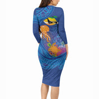 Hawaiian Funny Fruits Sea Animals Long Sleeve Bodycon Dress Mango Reef Triggerfish and Pineapple Turtle and Mandarin Jellyfish