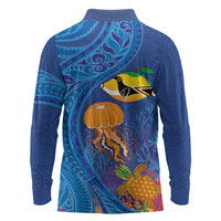 Hawaiian Funny Fruits Sea Animals Long Sleeve Polo Shirt Mango Reef Triggerfish and Pineapple Turtle and Mandarin Jellyfish