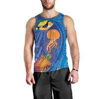 Hawaiian Funny Fruits Sea Animals Men Tank Top Mango Reef Triggerfish and Pineapple Turtle and Mandarin Jellyfish