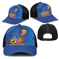 Hawaiian Funny Fruits Sea Animals Mesh Trucker Cap Mango Reef Triggerfish and Pineapple Turtle and Mandarin Jellyfish
