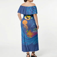 Hawaiian Funny Fruits Sea Animals Off Shoulder Maxi Dress Mango Reef Triggerfish and Pineapple Turtle and Mandarin Jellyfish