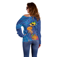 Hawaiian Funny Fruits Sea Animals Off Shoulder Sweater Mango Reef Triggerfish and Pineapple Turtle and Mandarin Jellyfish