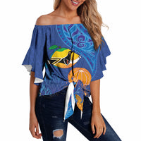Hawaiian Funny Fruits Sea Animals Off Shoulder Wrap Waist Top Mango Reef Triggerfish and Pineapple Turtle and Mandarin Jellyfish