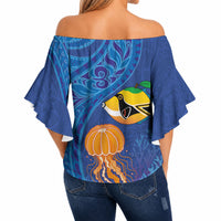 Hawaiian Funny Fruits Sea Animals Off Shoulder Wrap Waist Top Mango Reef Triggerfish and Pineapple Turtle and Mandarin Jellyfish